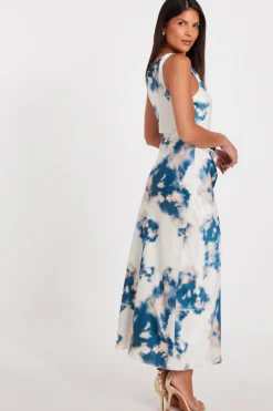 Quiz Blue Satin Marble Print Midaxi Dress Clearance