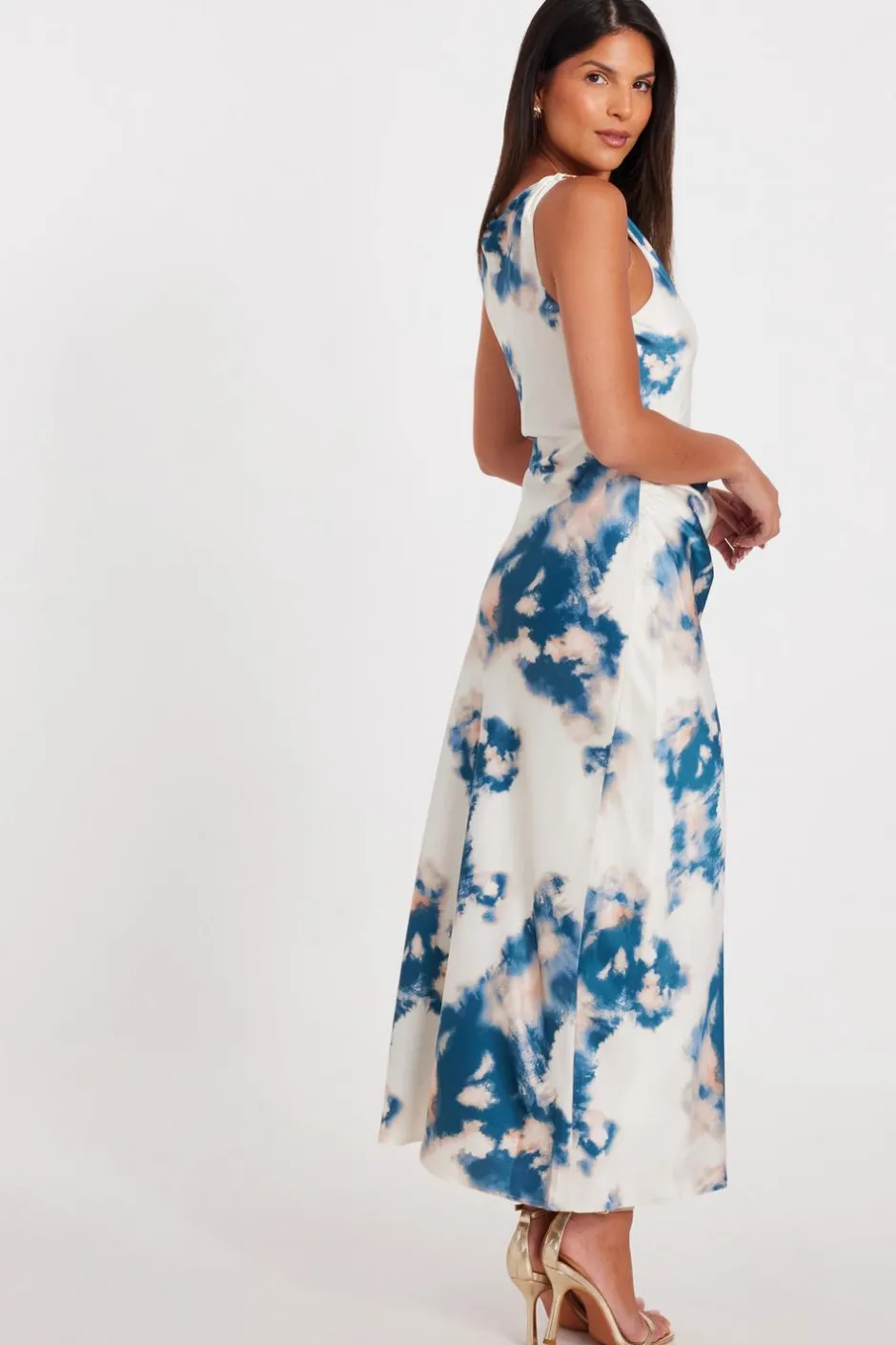 Quiz Blue Satin Marble Print Midaxi Dress Clearance