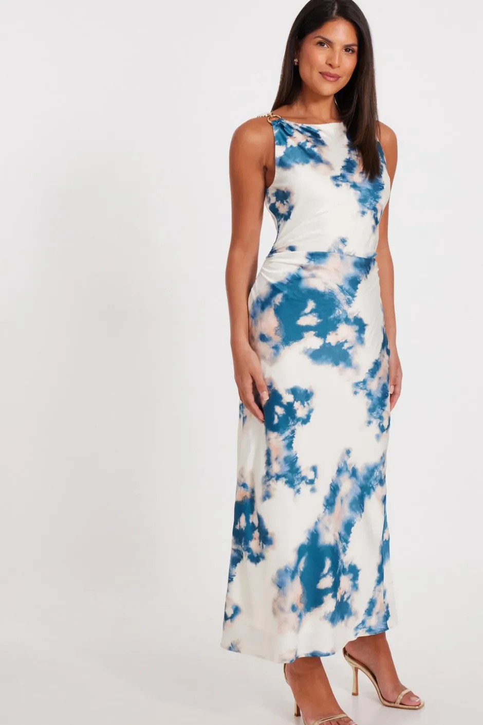 Quiz Blue Satin Marble Print Midaxi Dress Clearance