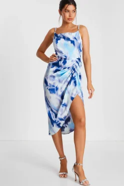 Quiz Blue Satin Marble Print Ruched Midi Dress