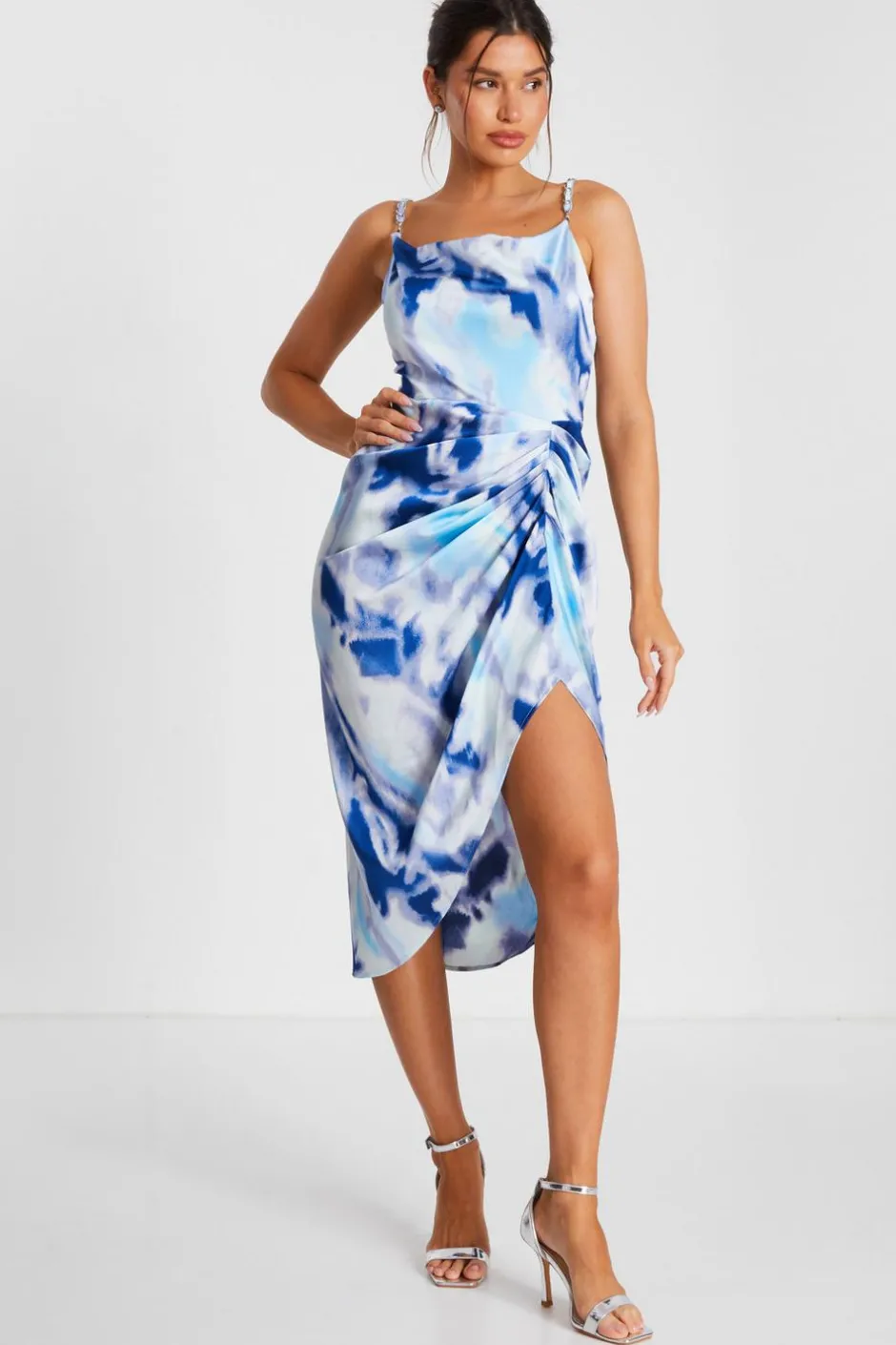 Quiz Blue Satin Marble Print Ruched Midi Dress