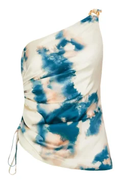 Quiz Blue Satin Marble Print Top Hot