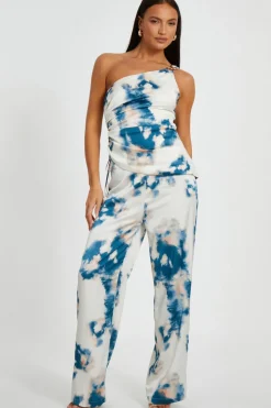 Quiz Blue Satin Marble Print Trousers Online