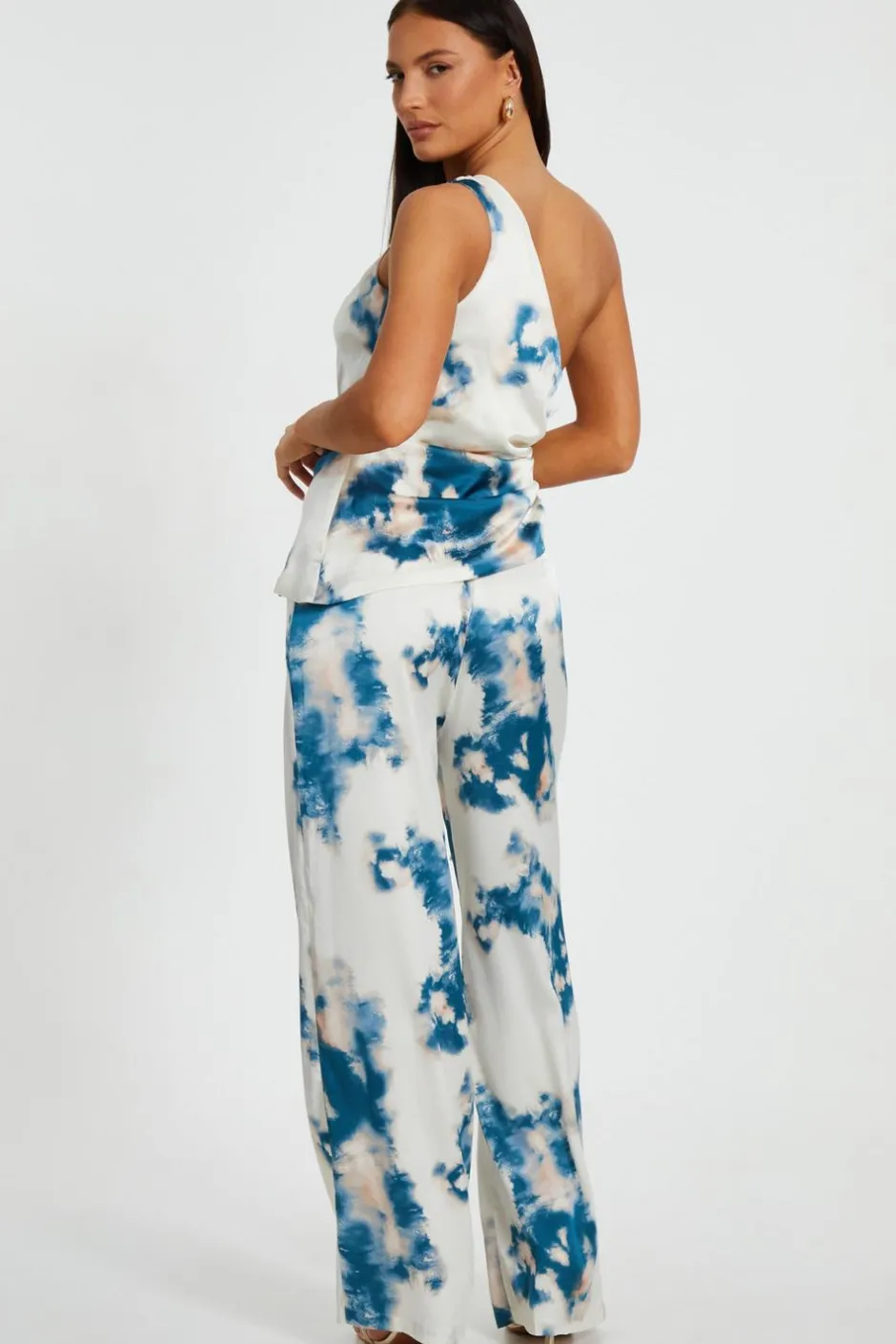 Quiz Blue Satin Marble Print Trousers Online