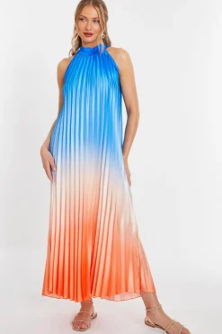 Quiz Blue Satin Ombre Pleated Maxi Dress Hot
