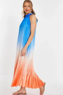 Quiz Blue Satin Ombre Pleated Maxi Dress Hot