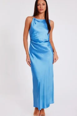 Quiz Satin Ruched Midaxi Dress Blue