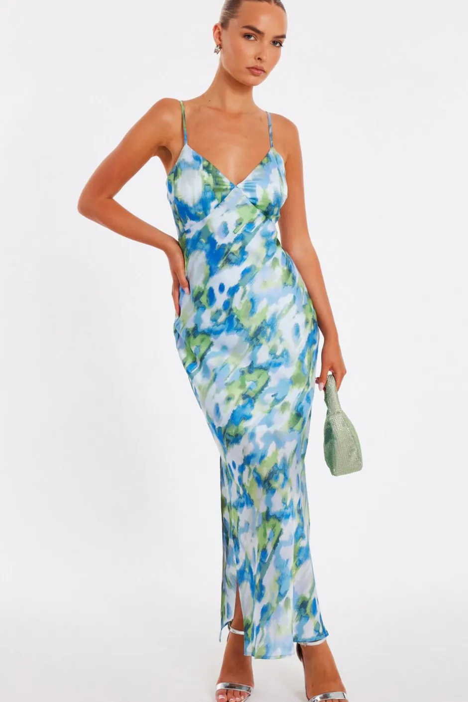Quiz Blue Satin Tie Back Midaxi Dress Outlet
