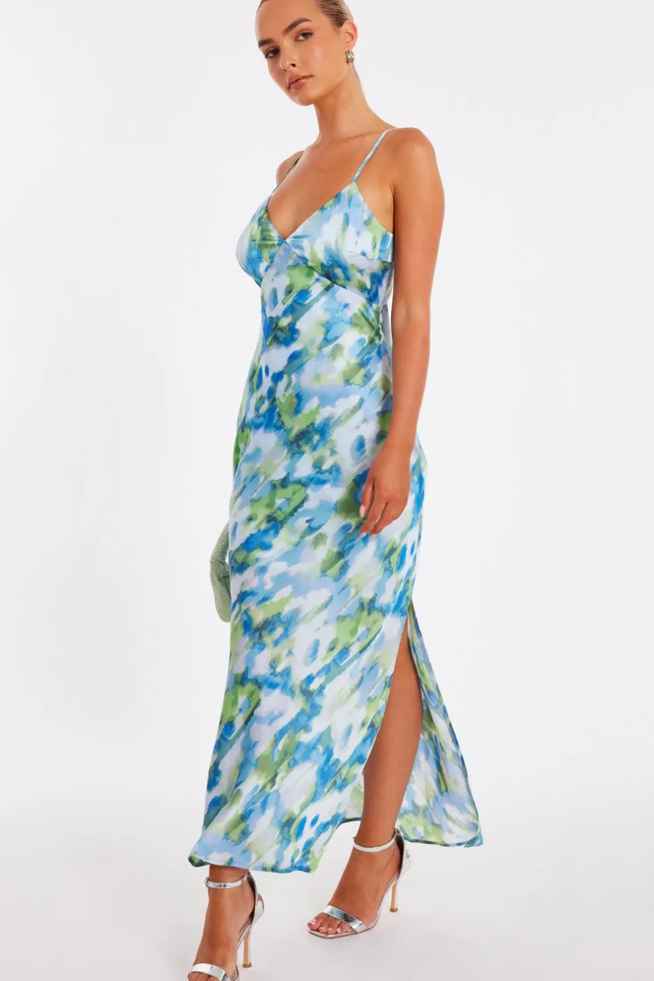 Quiz Blue Satin Tie Back Midaxi Dress Outlet