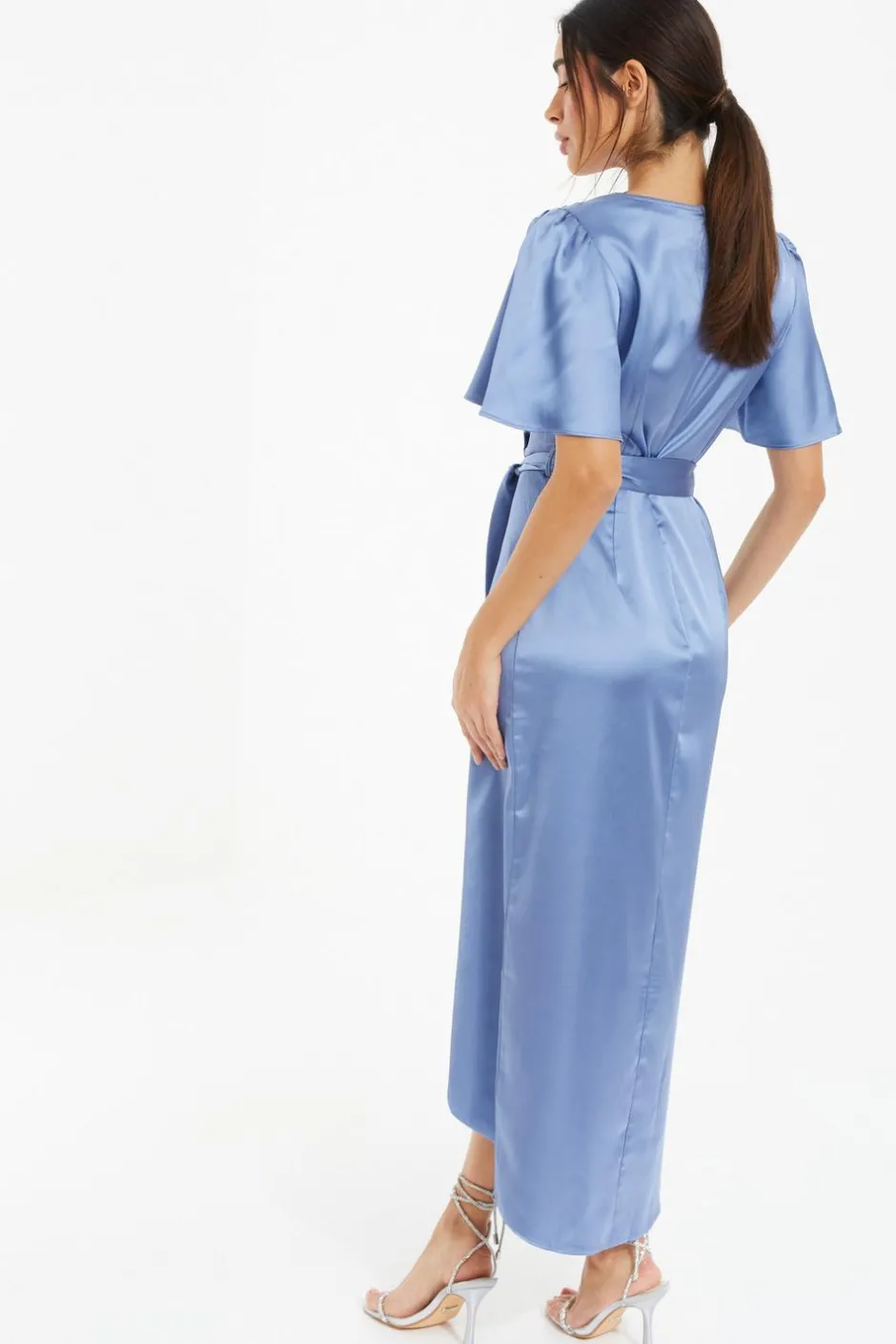 Quiz Blue Satin Wrap Ruched Midi Dress Online
