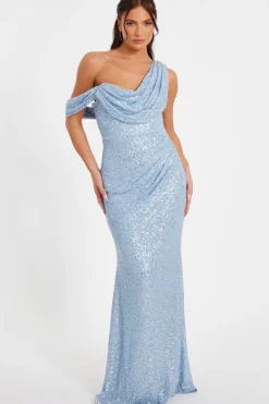 Quiz Sequin Cowl Neck Maxi Dress Blue New