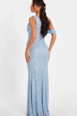 Quiz Sequin Cowl Neck Maxi Dress Blue New