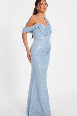 Quiz Sequin Cowl Neck Maxi Dress Blue New