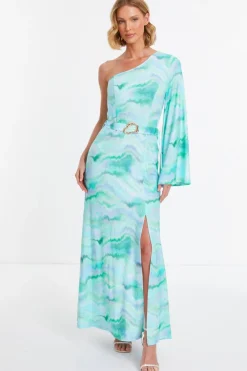 Quiz Blue Slinky Marble One Shoulder Fluted Dress