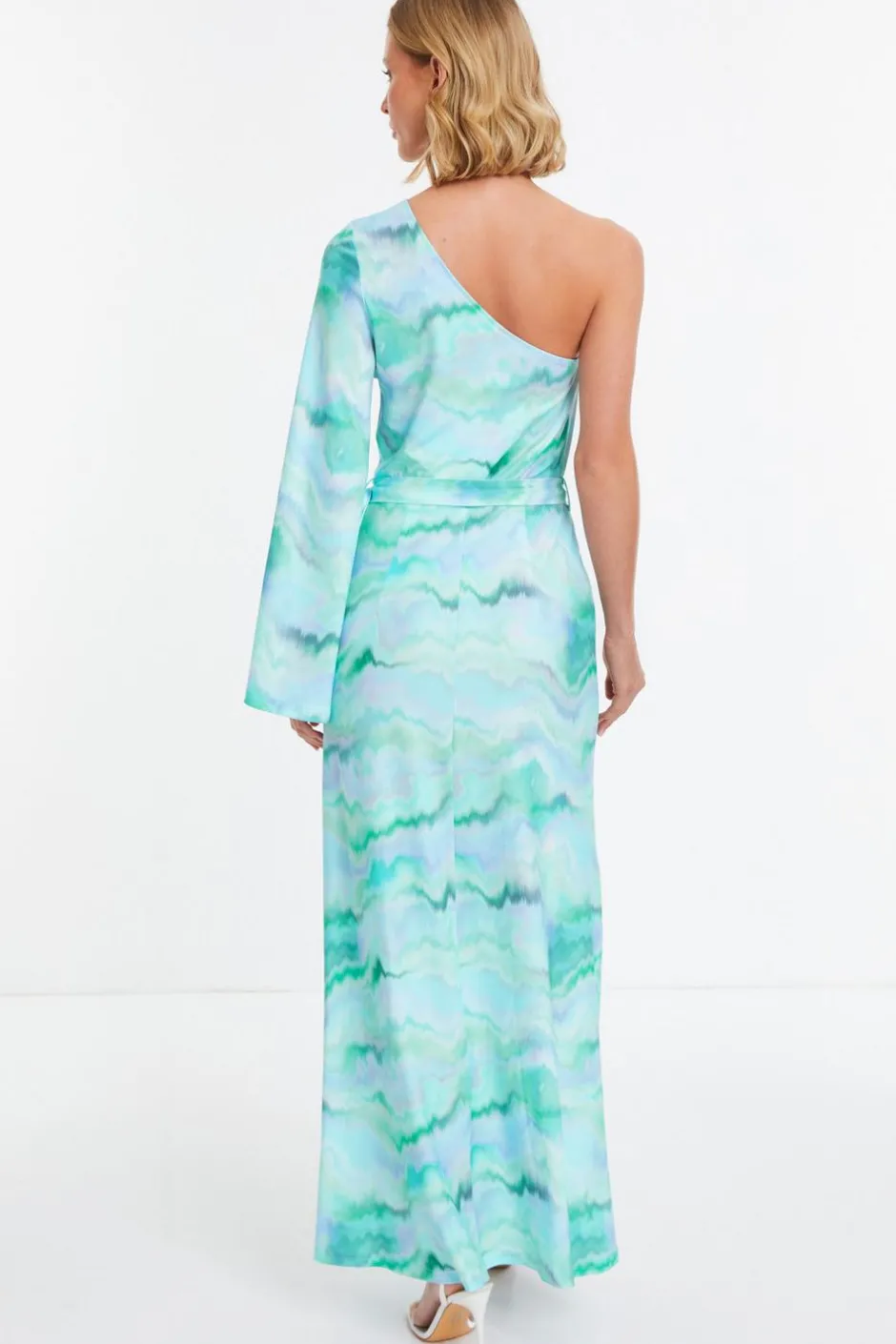 Quiz Blue Slinky Marble One Shoulder Fluted Dress