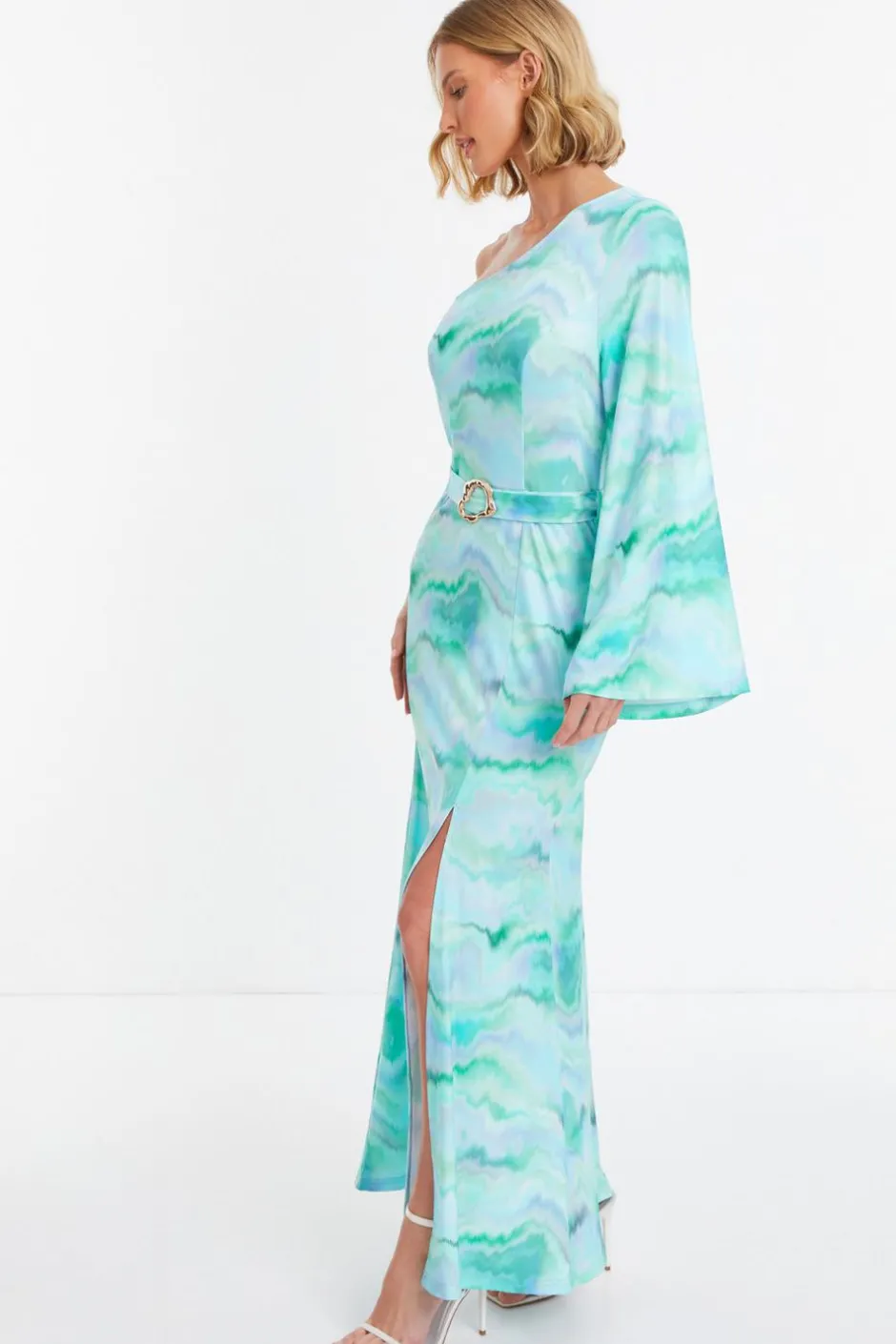Quiz Blue Slinky Marble One Shoulder Fluted Dress