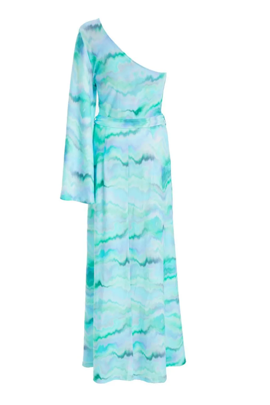 Quiz Blue Slinky Marble One Shoulder Fluted Dress