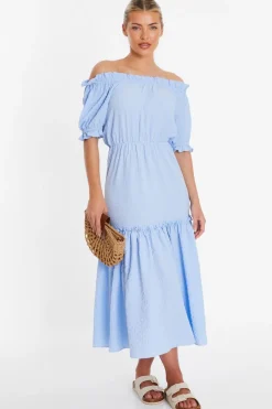 Quiz Blue Textured Bardot Midi Dress Hot