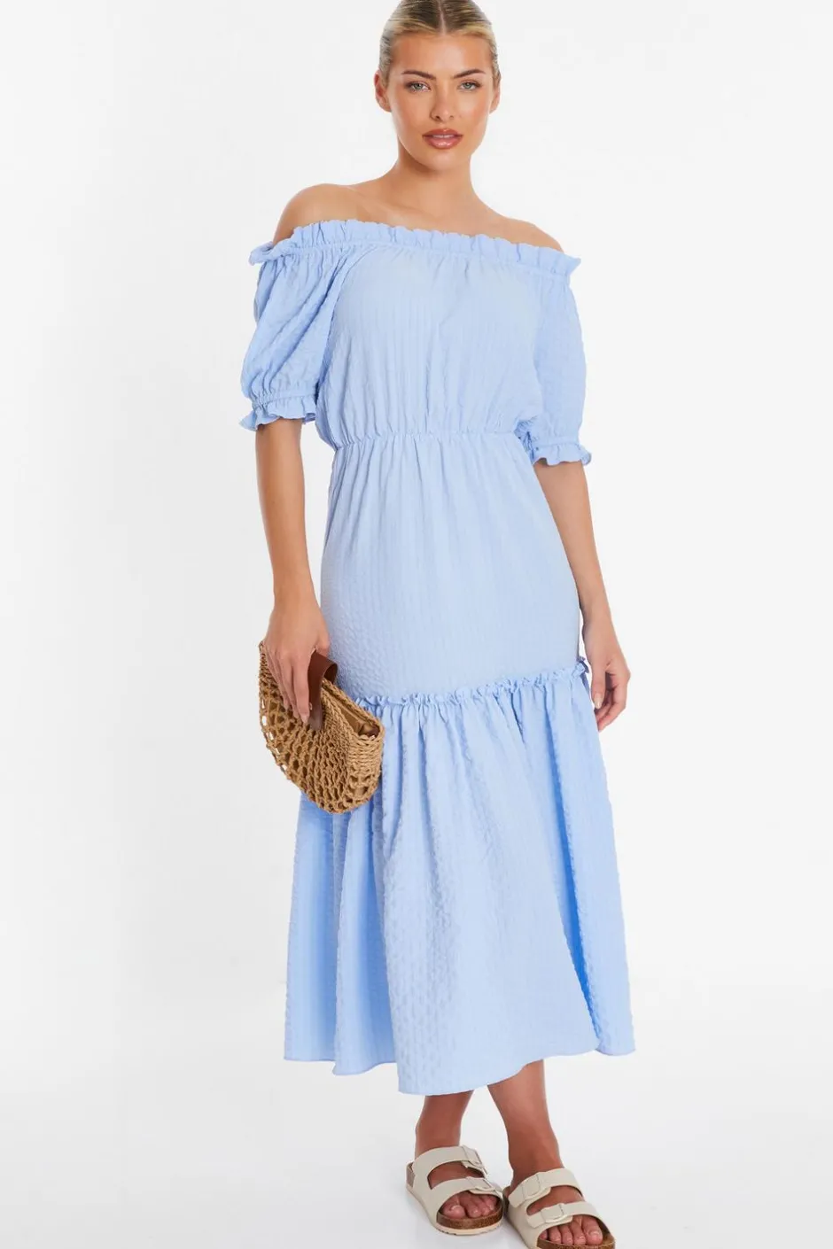 Quiz Blue Textured Bardot Midi Dress Hot