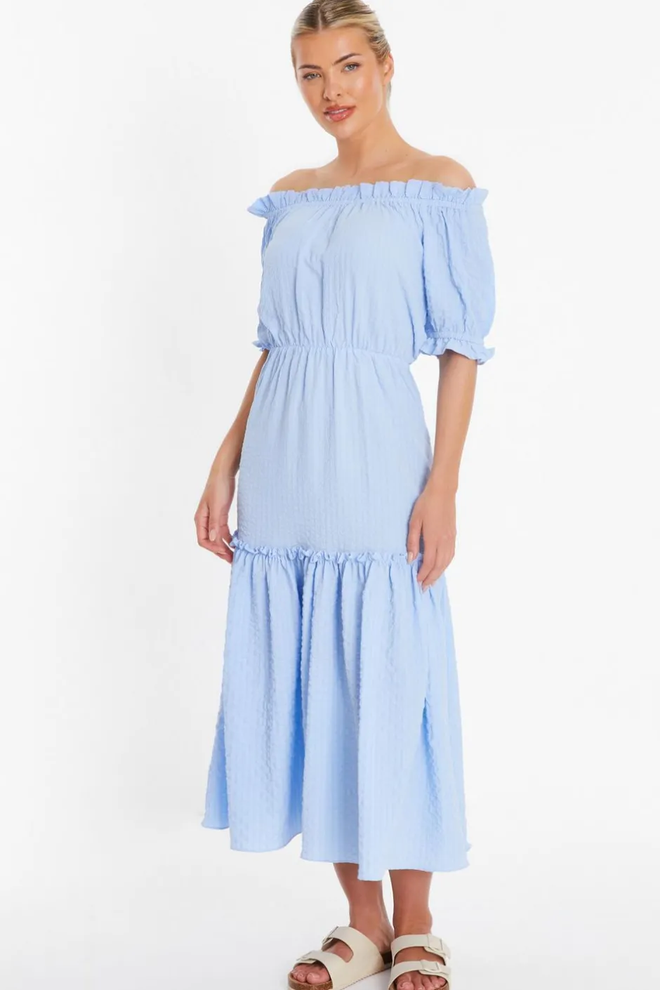 Quiz Blue Textured Bardot Midi Dress Hot