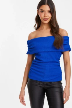 Quiz Textured Bardot Ruched Top Blue Outlet