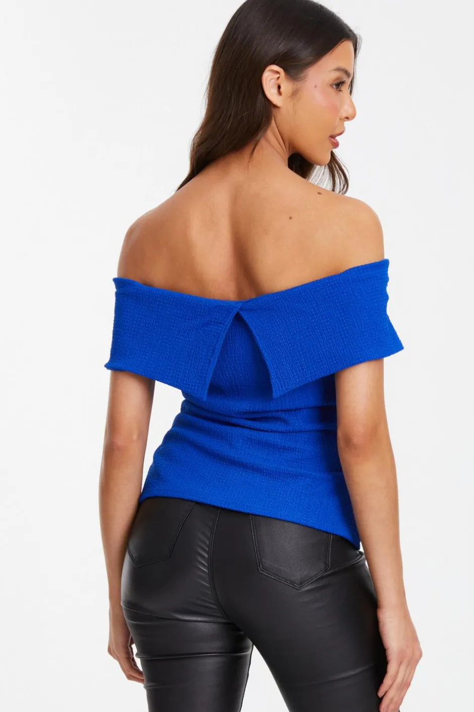 Quiz Textured Bardot Ruched Top Blue Outlet