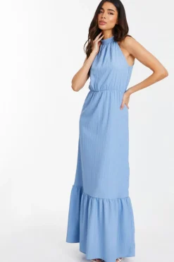 Quiz Blue Textured High Neck Maxi Dress