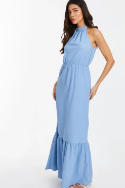 Quiz Blue Textured High Neck Maxi Dress