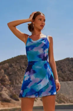 Quiz Blue Tie Dye Print Cowl Neck Mesh Playsuit Discount