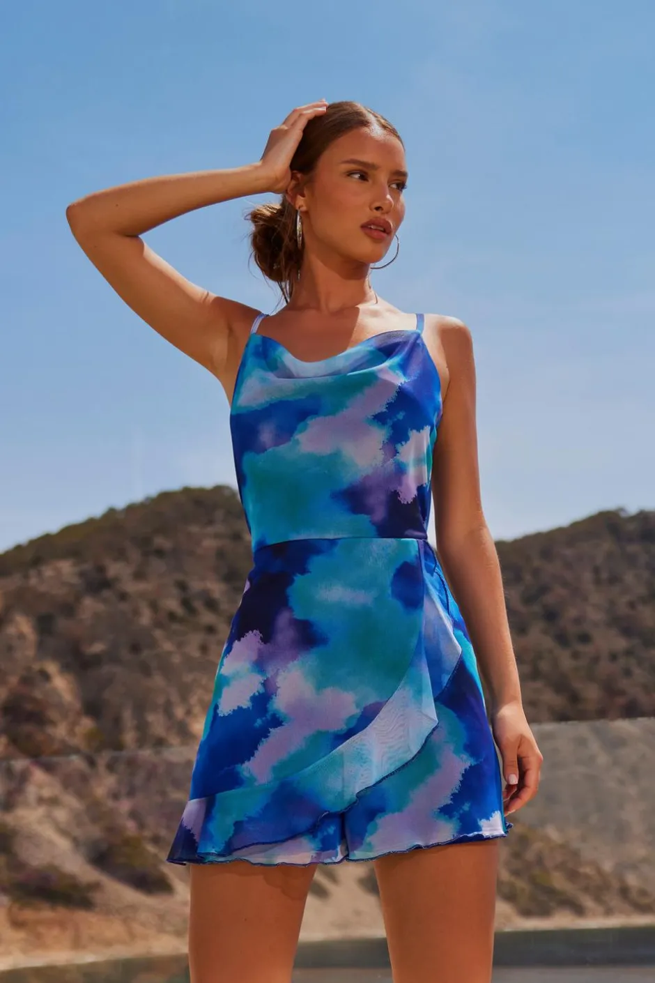 Quiz Blue Tie Dye Print Cowl Neck Mesh Playsuit Discount