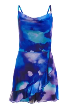 Quiz Blue Tie Dye Print Cowl Neck Mesh Playsuit Discount