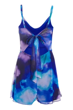 Quiz Blue Tie Dye Print Cowl Neck Mesh Playsuit Discount
