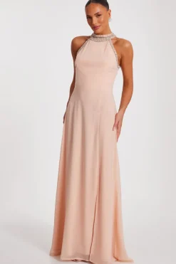 Quiz Embellished Chiffon Maxi Dress Blush Outlet
