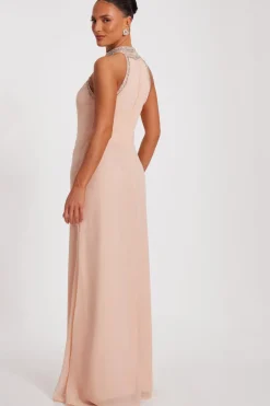 Quiz Embellished Chiffon Maxi Dress Blush Outlet