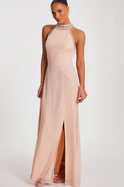 Quiz Embellished Chiffon Maxi Dress Blush Outlet
