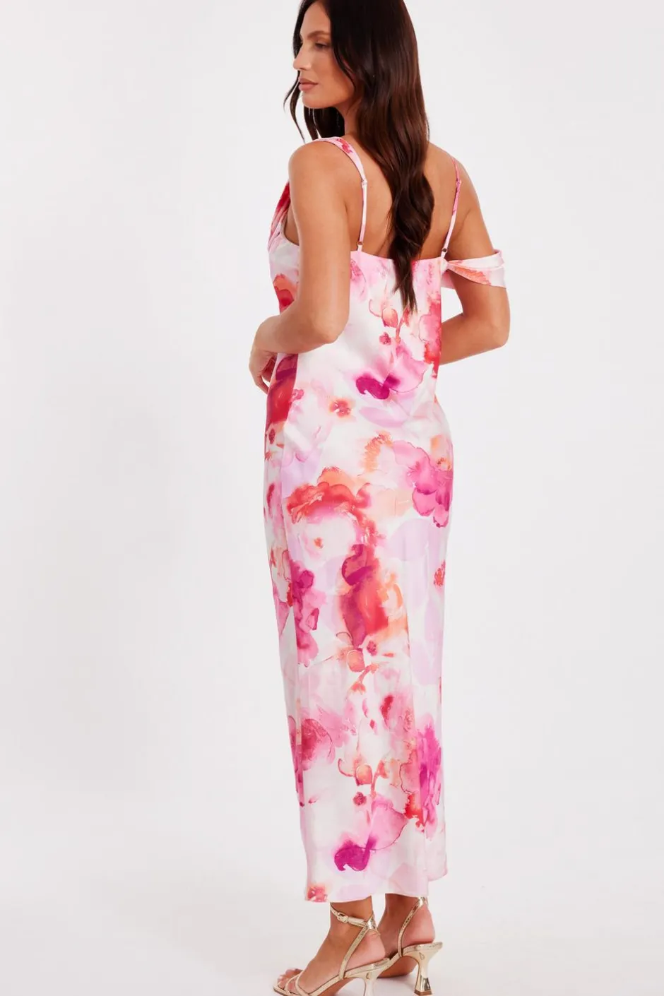 Quiz Blush Satin Tropical Print Midaxi Dres Hot