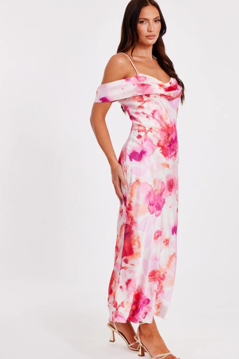 Quiz Blush Satin Tropical Print Midaxi Dres Hot