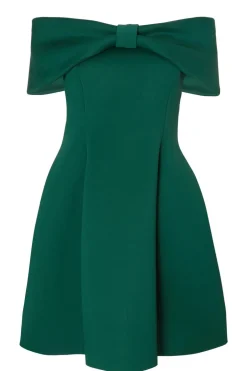 Quiz Bardot Bow Skater Dress Bottle Green