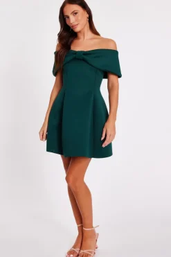 Quiz Bardot Bow Skater Dress Bottle Green