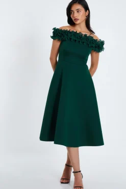 Quiz Bottle Green Bardot Ruffle Skater Midi Dress Online