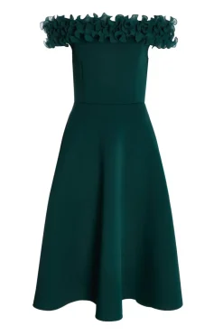 Quiz Bottle Green Bardot Ruffle Skater Midi Dress Online