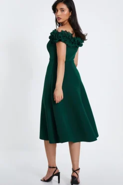 Quiz Bottle Green Bardot Ruffle Skater Midi Dress Online