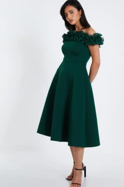 Quiz Bottle Green Bardot Ruffle Skater Midi Dress Online