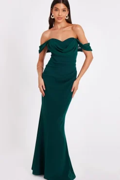 Quiz Chiffon Bardot Maxi Dress Bottle Green Outlet