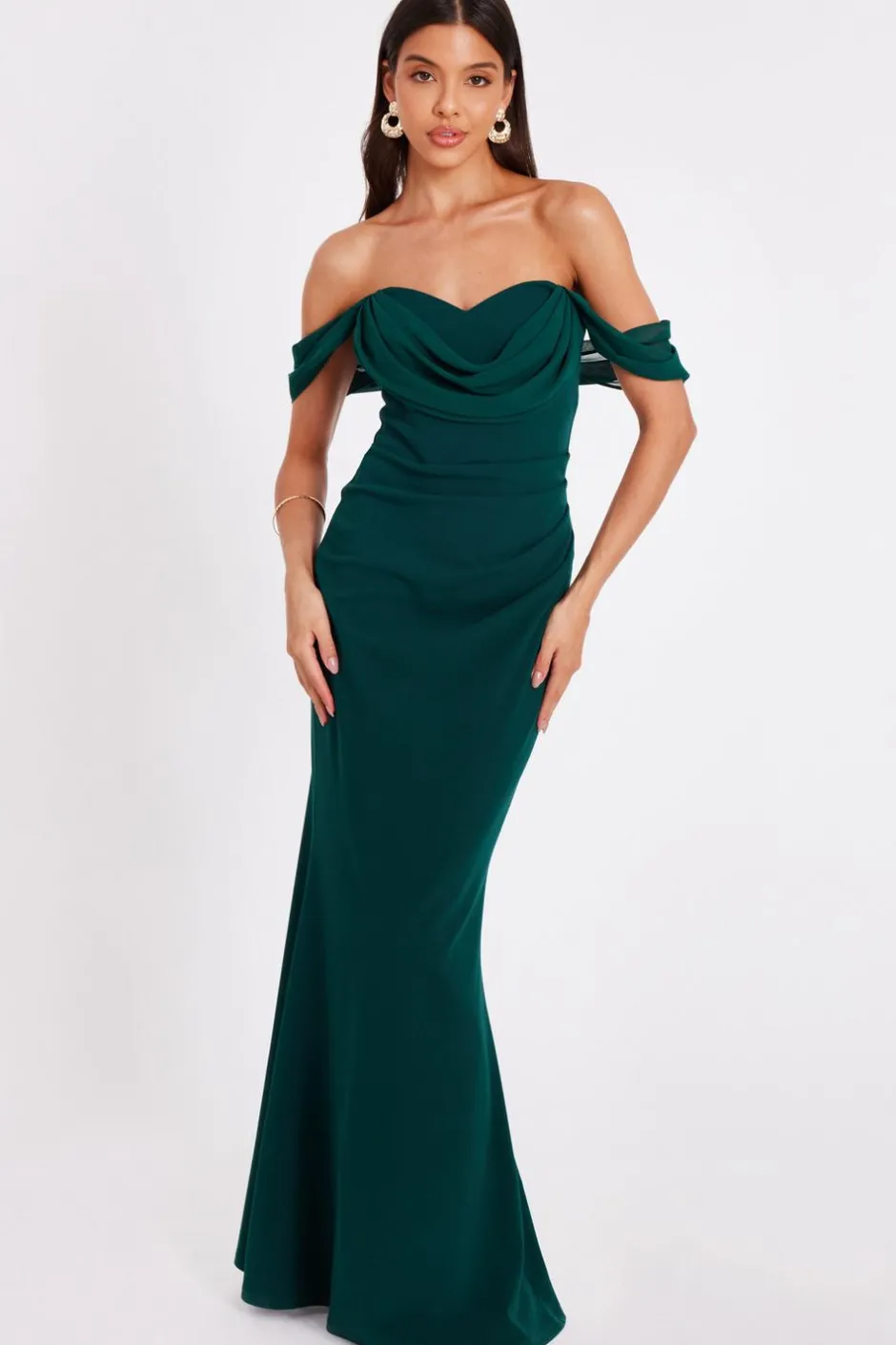 Quiz Chiffon Bardot Maxi Dress Bottle Green Outlet