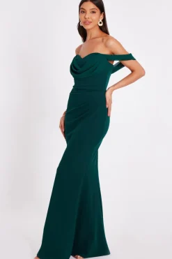 Quiz Chiffon Bardot Maxi Dress Bottle Green Outlet