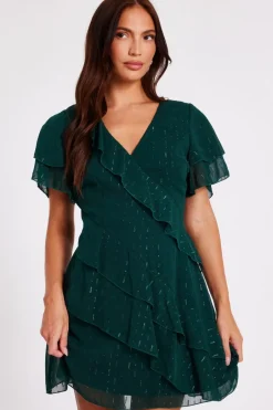 Quiz Chiffon Ruffle Mini Dress Bottle Green Hot