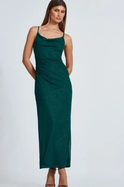 Quiz Glitter Mesh Midaxi Dress Bottle Green Clearance
