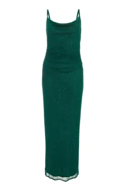 Quiz Glitter Mesh Midaxi Dress Bottle Green Clearance