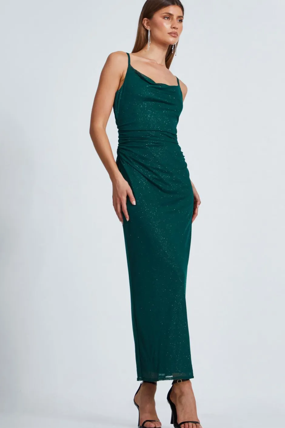 Quiz Glitter Mesh Midaxi Dress Bottle Green Clearance